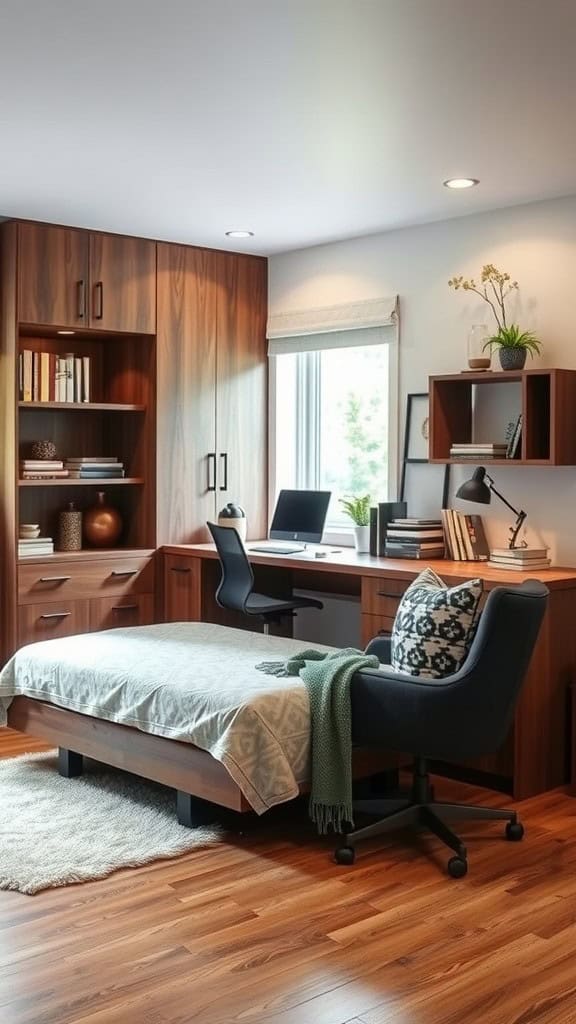 A modern small home office featuring a Murphy bed, stylish desk, and bookshelves.