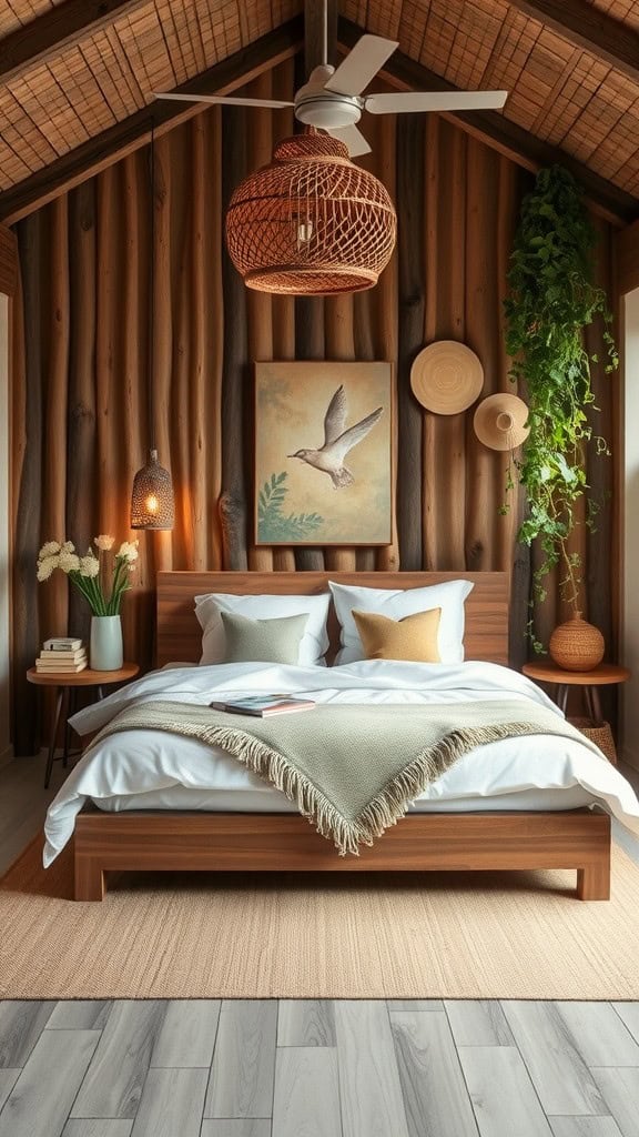 A cozy bedroom featuring wooden walls, a stylish bed with soft linens, and outdoor-inspired decor elements.