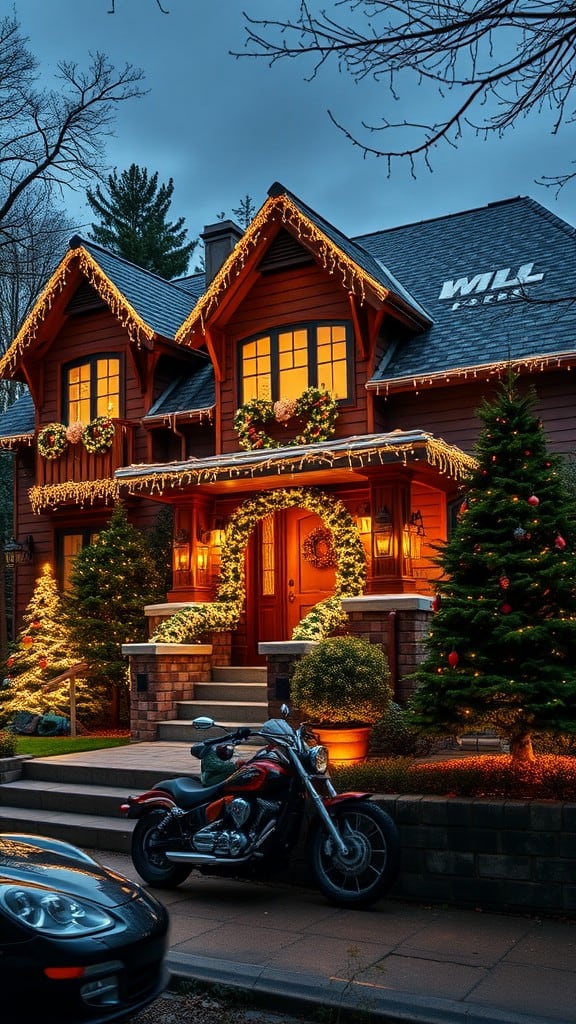 A beautifully decorated house with Christmas lights and trees, featuring a motorcycle and a car parked in front.