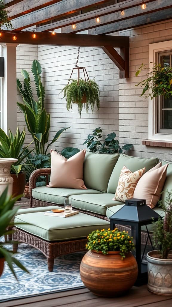 Cozy outdoor patio with green cushions, plants, and warm lighting.