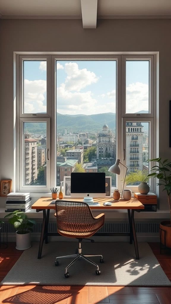 Home office with a desk in the middle of the room, featuring large windows and an outdoor view