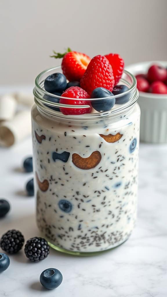 A jar of overnight oats topped with fresh strawberries and blueberries, surrounded by blackberries.