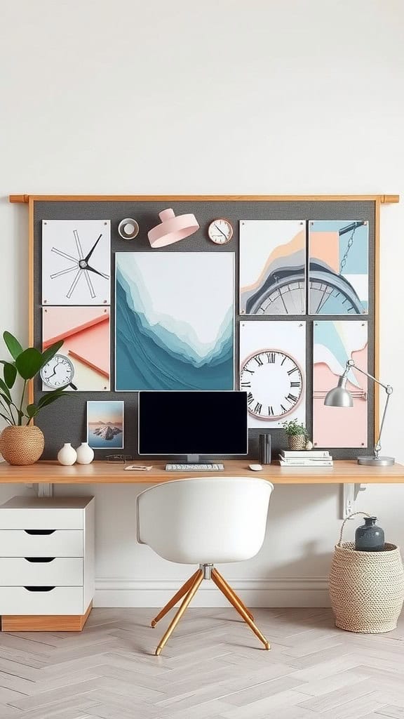 A stylish workspace featuring a pastel color palette with artwork, a desk, and decorative elements.