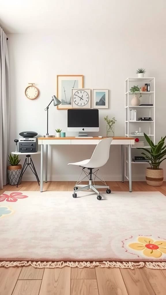 A cozy workspace featuring a pastel colorful rug with floral patterns, a desk with an iMac, and indoor plants.