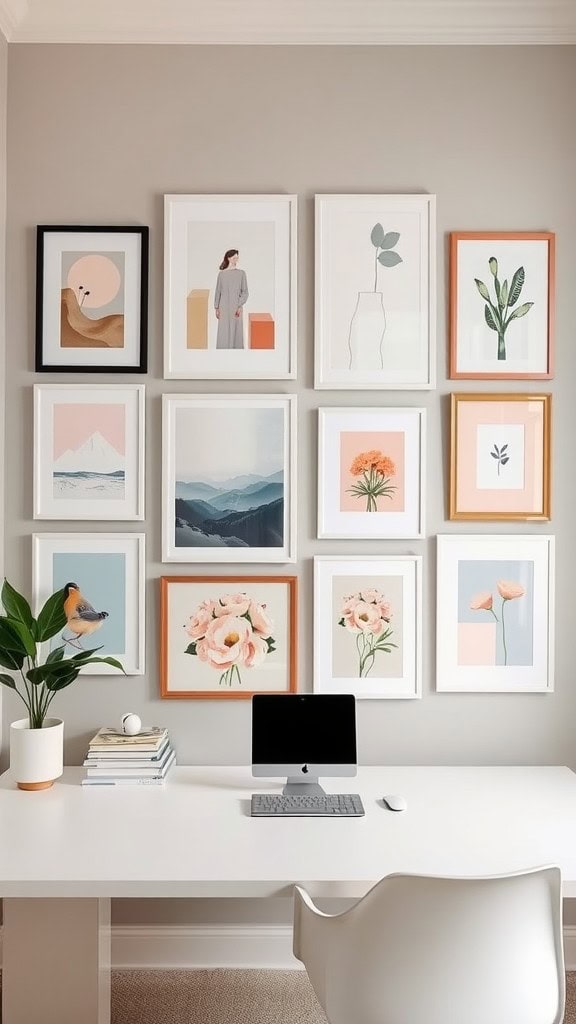 A pastel-themed wall art gallery with a variety of framed artworks above a sleek white desk with a computer.