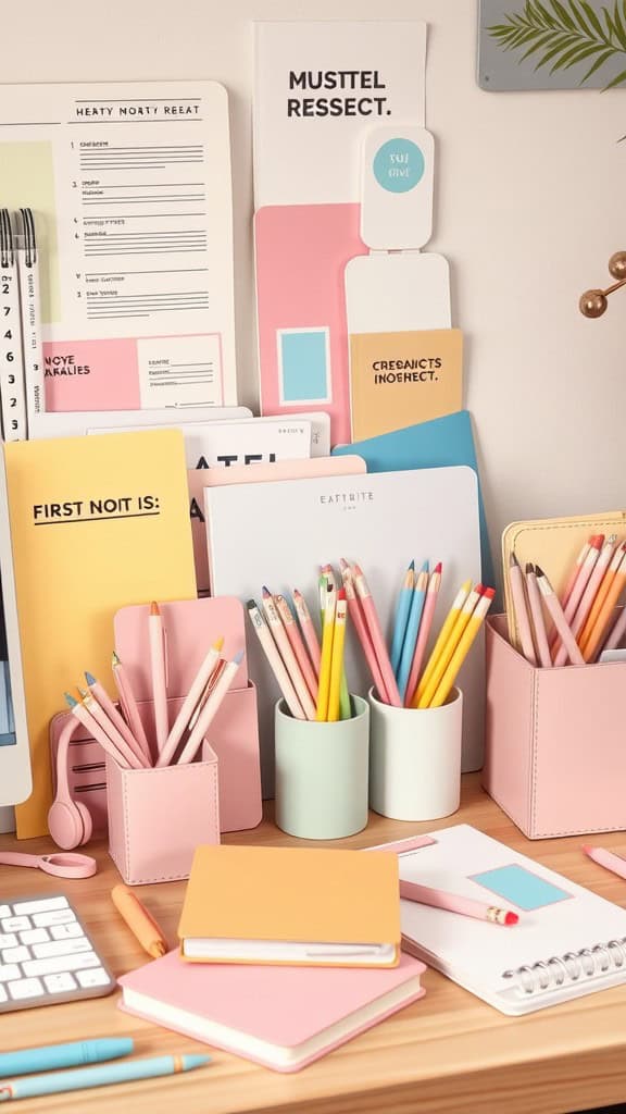 A pastel-themed workspace with colorful stationery, notebooks, and organized desk accessories