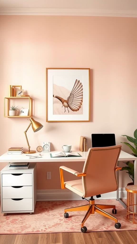 A cozy workspace with peach walls, a gold accent chair, a white desk, and plants.