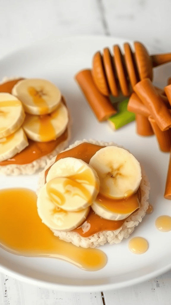 Peanut butter and banana rice cakes topped with honey, served with some fruit snacks.