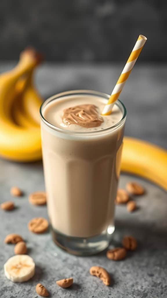 Peanut Butter and Banana Smoothie with a straw