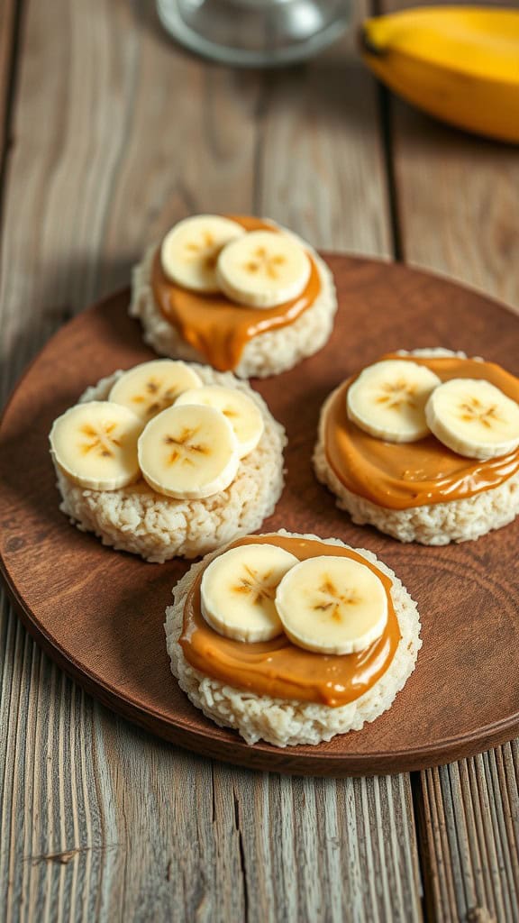 Rice cakes topped with peanut butter and banana slices on a wooden plate.