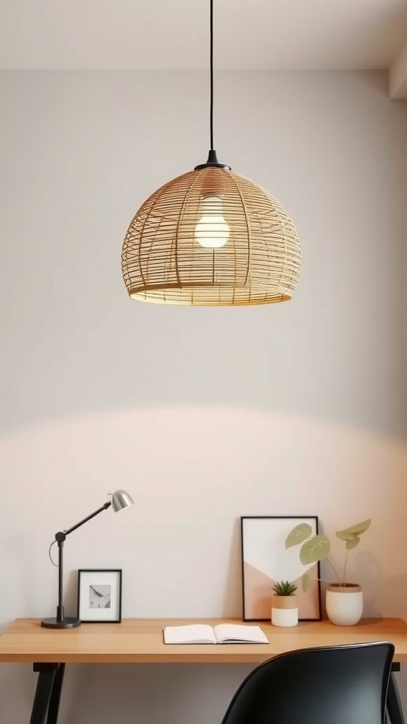 A rattan pendant light hanging above a minimalist desk setup with a lamp, plants, and framed pictures.