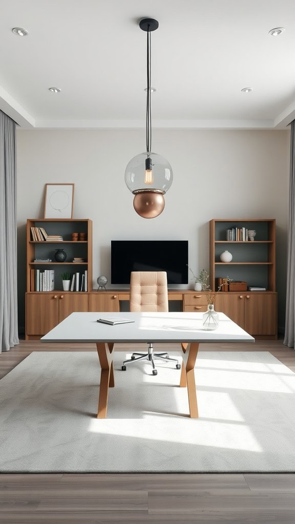 Stylish pendant lighting over a central desk in a minimalist home office