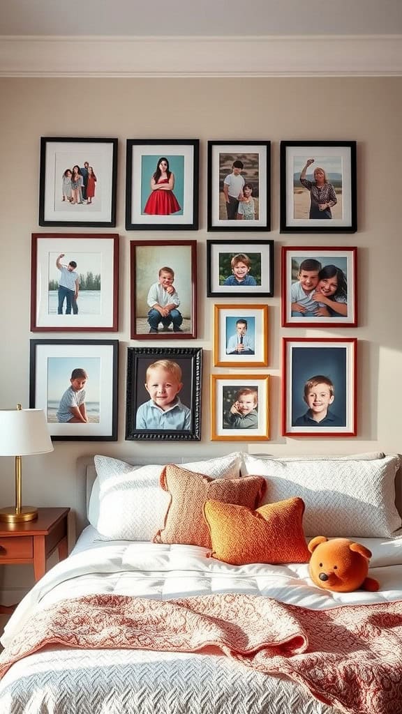 Wall of family photos in various frames above a cozy bed with decorative pillows and a teddy bear.