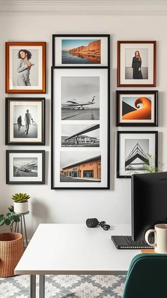 A luxury home office with a personalized art display featuring various framed photographs and artwork on the wall.