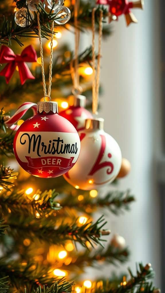 Close-up of Christmas ornaments on a tree, featuring a red ornament with the text 'Mristimas DEER'.