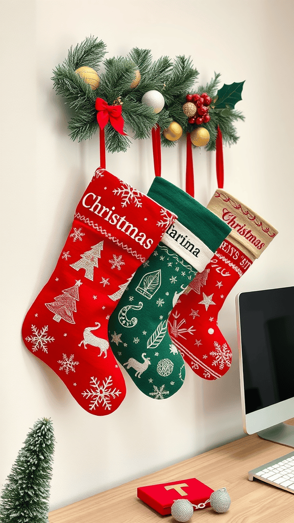 Colorful personalized Christmas stockings hanging with festive decorations