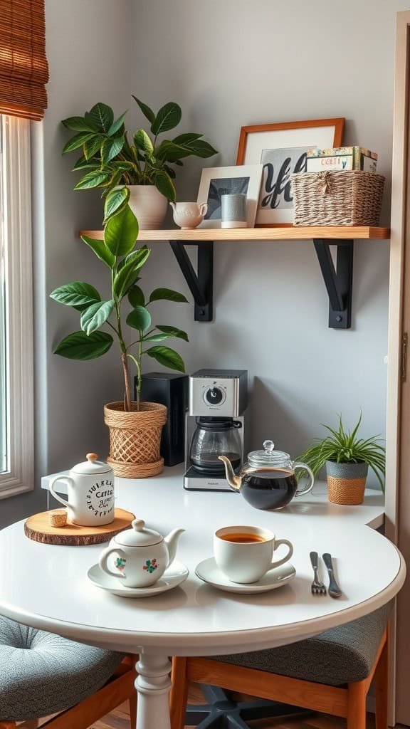 A cozy home office coffee and tea station with a white table, coffee maker, and tea pots.