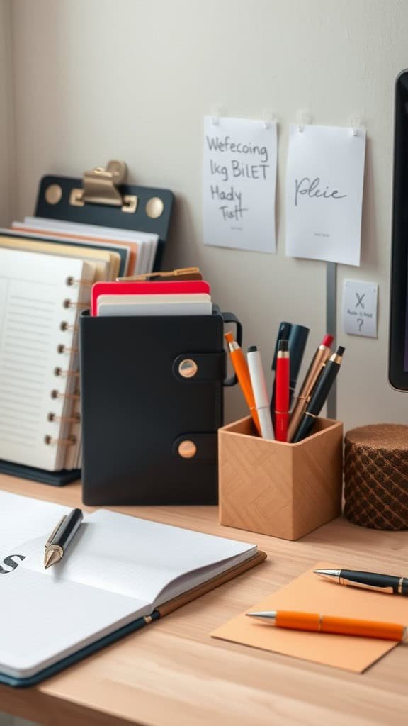 A well-organized desk with notebooks, pens, and notes, reflecting a cozy home office vibe.