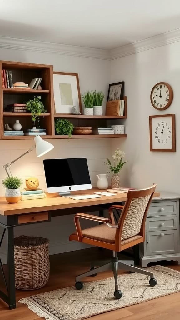 A cozy home office with wooden shelves, a desk, and plants, featuring a computer and decorative items.