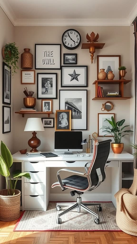 A stylish modern home office with a white desk, black ergonomic chair, and personalized decor including framed pictures and plants.