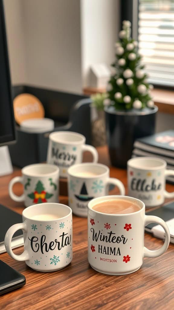 A collection of personalized mugs on a desk, featuring winter themes and names.