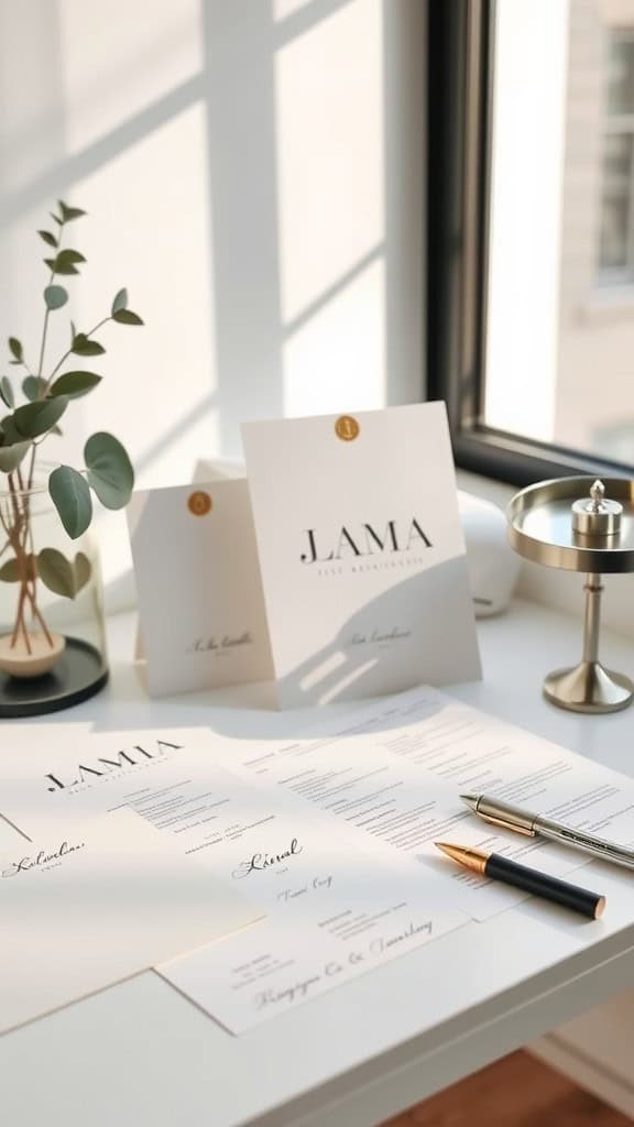 Personalized stationery on a minimalist office desk with elegant design elements.