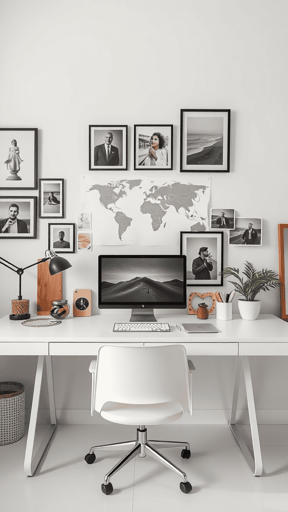 A modern desk setup featuring a computer, plants, and framed photos on the wall.