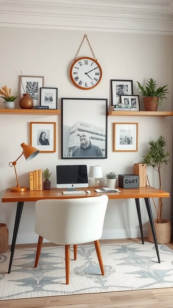 Cozy home office with a wooden desk, computer, and framed photos on the wall.