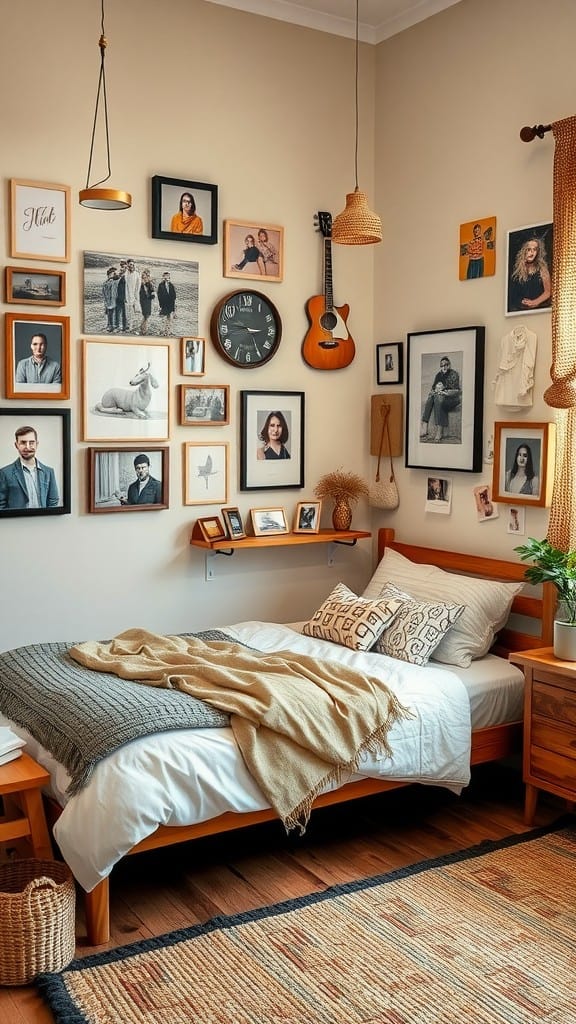 A cozy adult bedroom featuring a minimalist design with framed photos on the wall, a guitar, and warm bedding.