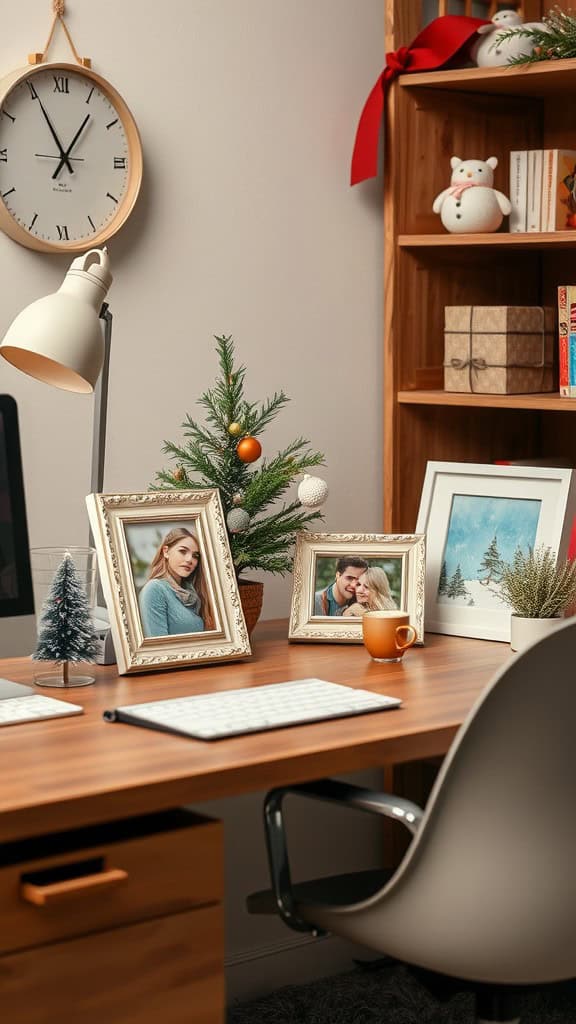 A cozy winter-themed workspace with a small Christmas tree, framed photos, and a warm cup of coffee.