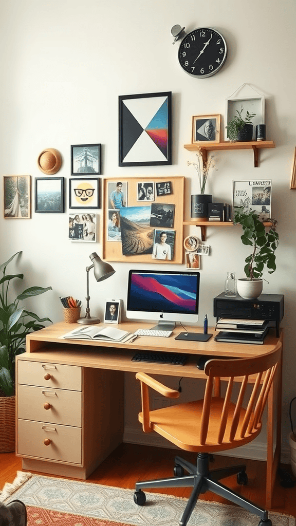 A cozy and personalized workspace featuring a wooden desk, computer, and wall decorations.