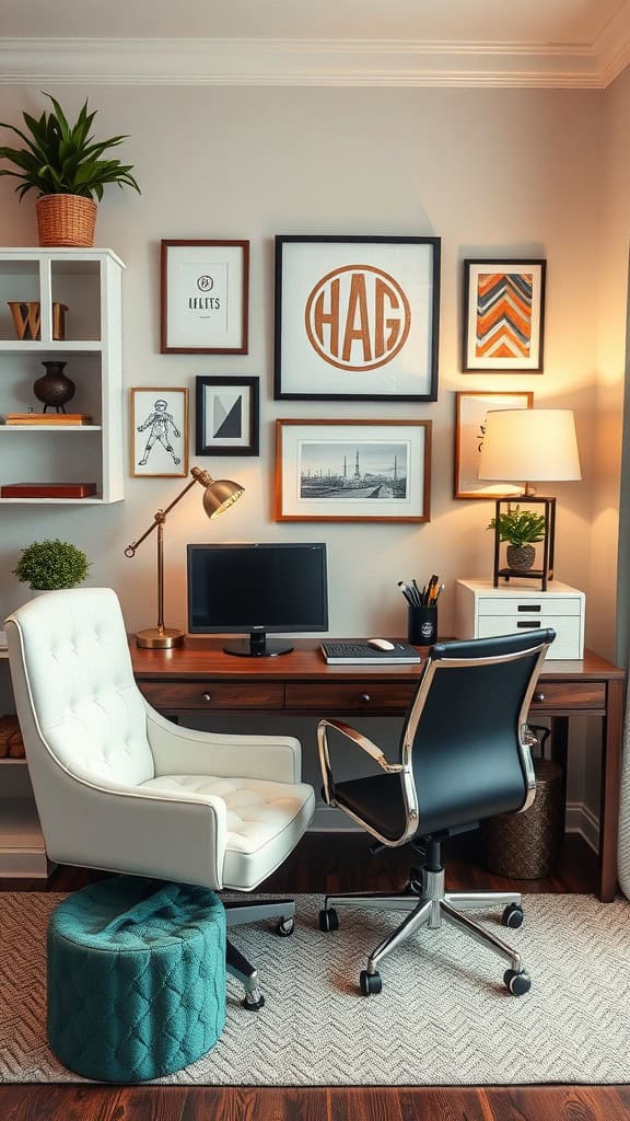 A luxury home office setup featuring a wooden desk, two stylish chairs, framed artworks on the wall, and decorative plants.