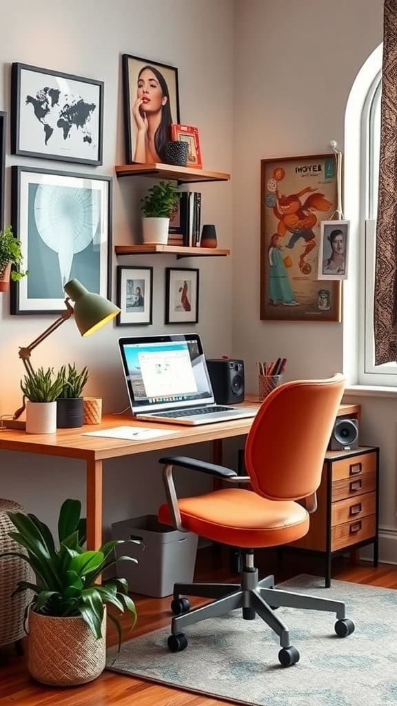 A cozy small home office featuring a stylish desk, colorful chair, and creative wall decor.