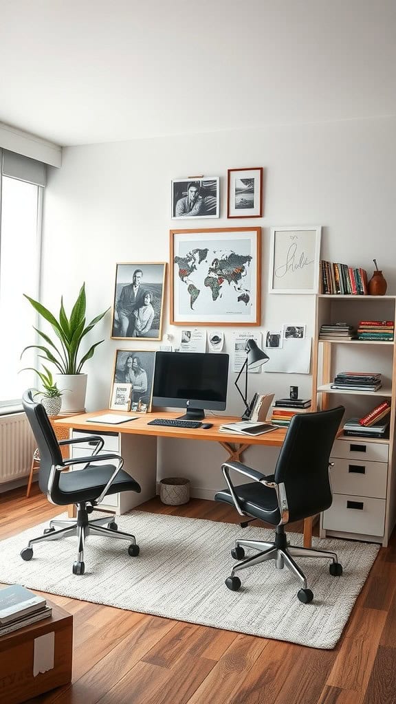 A cozy home office with a desk in the middle, featuring plants and personal touches on the walls.