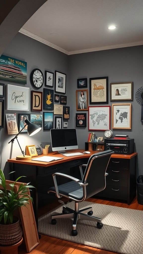 Cozy home office with grey walls, decorated with framed pictures and a computer desk.