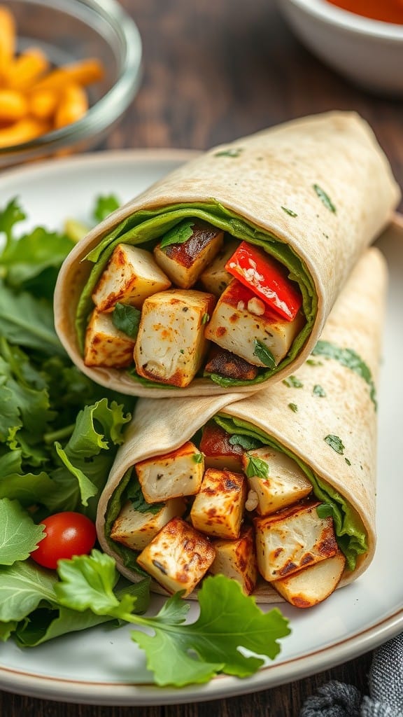 A delicious pesto chicken and roasted veggie wrap on a plate, garnished with fresh greens and a cherry tomato.