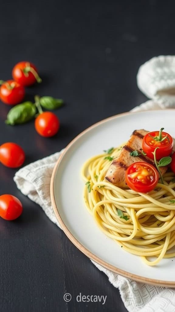 A plate of pesto zoodles topped with grilled chicken and cherry tomatoes.