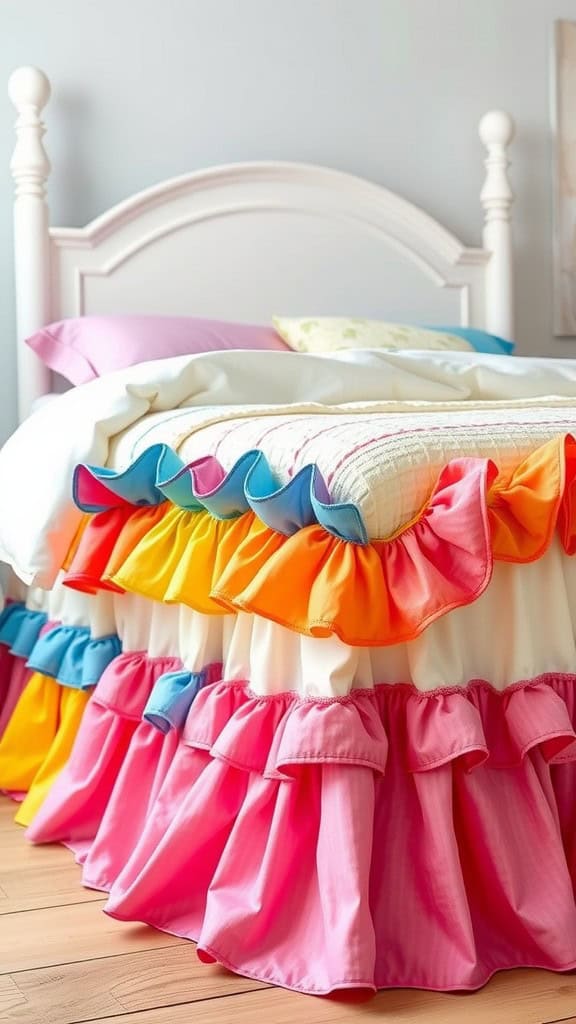 Colorful ruffled bed skirt on a white bed in a cozy bedroom