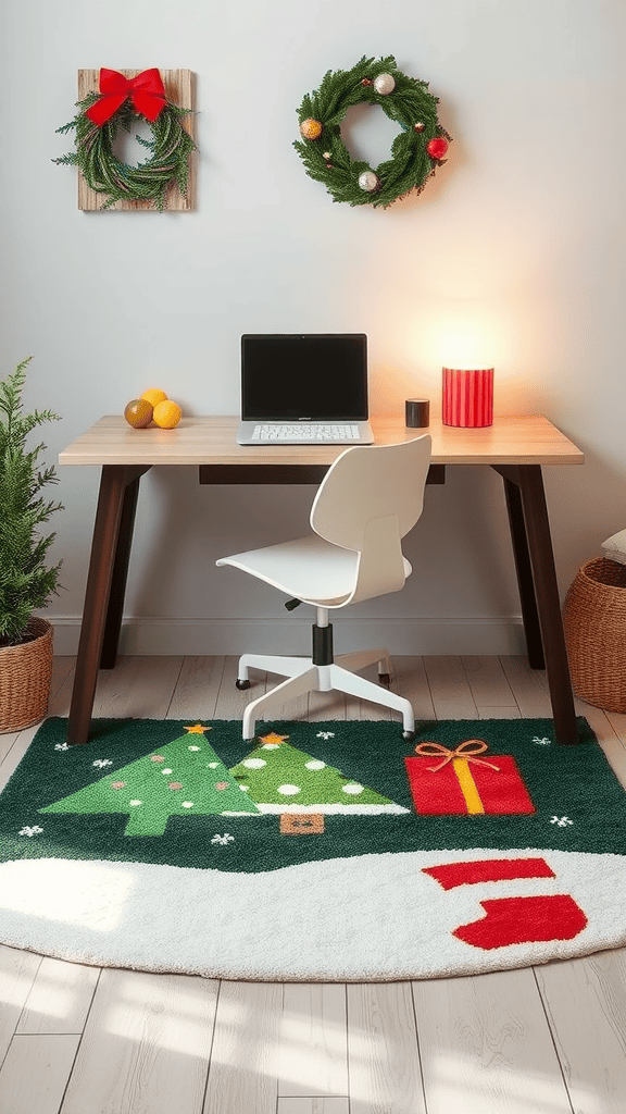 A cozy workspace featuring a Christmas-themed rug with trees, gifts, and a stocking design, surrounded by festive decorations.