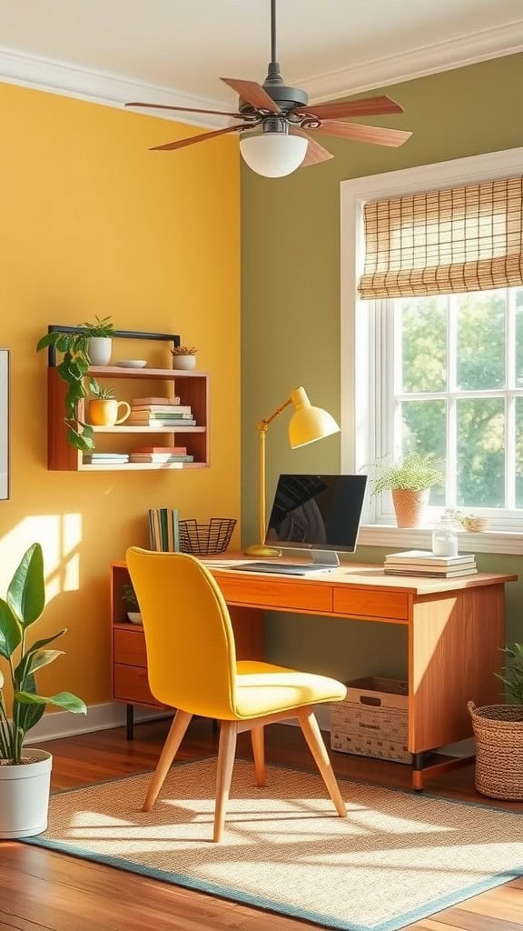 A cozy home office with yellow and green walls, a wooden desk, and a bright yellow chair