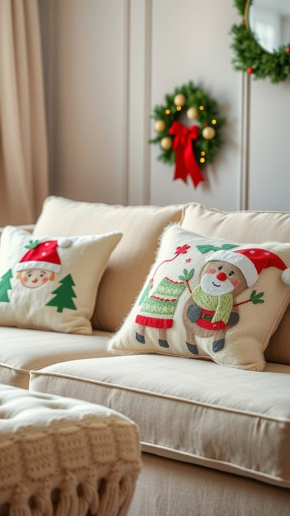 Cozy sofa with festive throw pillows featuring a snowman and a cheerful character, complemented by a holiday wreath.