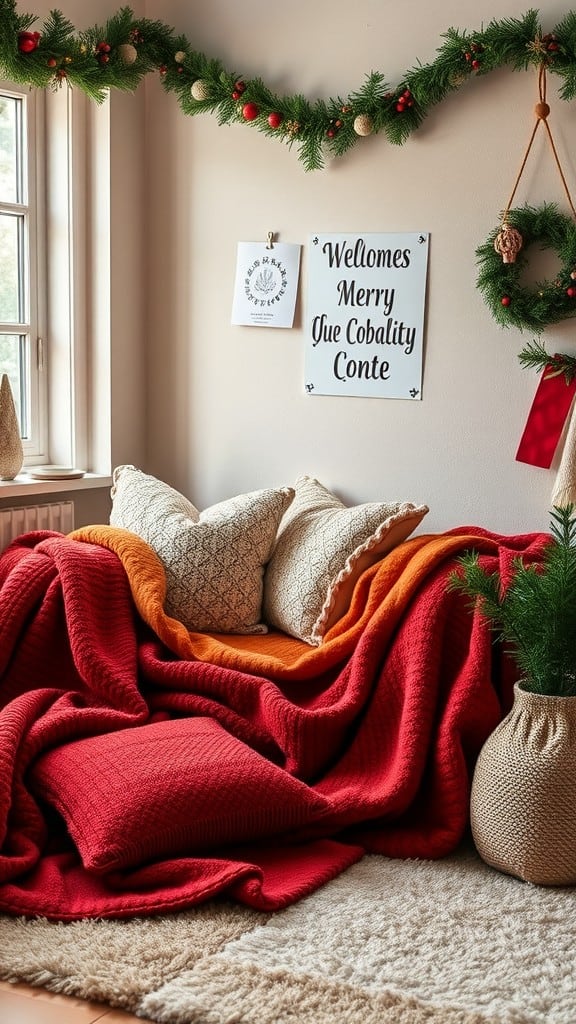 Cozy living room corner with plush blankets and pillows, decorated for Christmas.