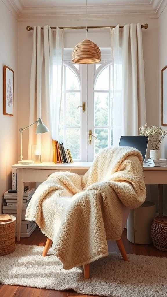 A cozy plush throw blanket draped over a comfortable chair in a bright office setting.