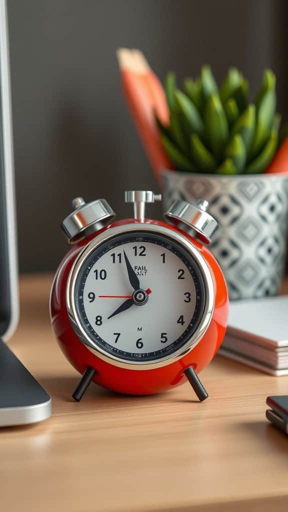 A red alarm clock on a desk with a plant and stationery items in the background.