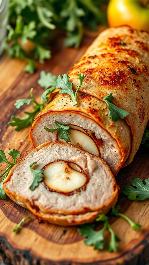 A beautifully roasted pork tenderloin wrapped with apple slices, garnished with fresh herbs, placed on a wooden cutting board.