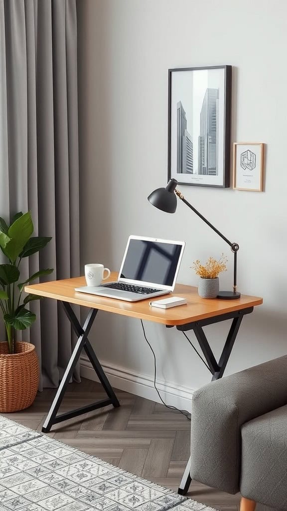 A cozy small home office setup with a desk, laptop, and decorative items.