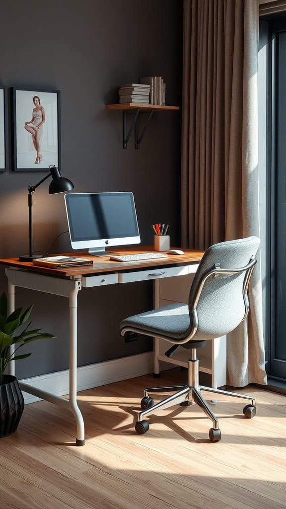 A modern small home office setup with a desk, computer, and decorative items.