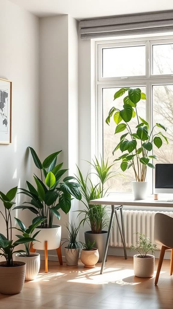 A cozy home office with various potted plants in bright light.