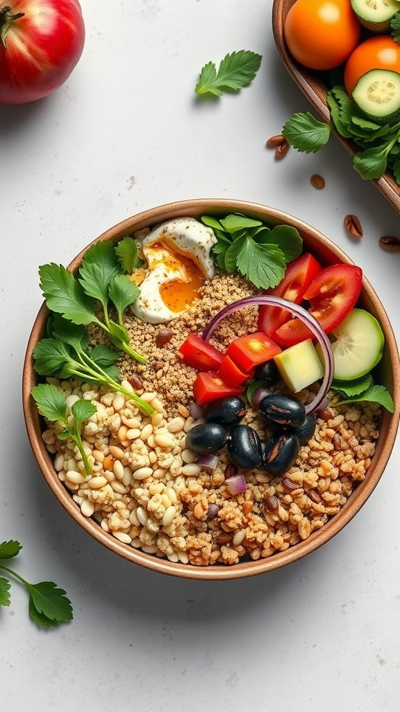 A vibrant Buddha bowl filled with quinoa, chickpeas, fresh vegetables, and topped with a creamy dressing.