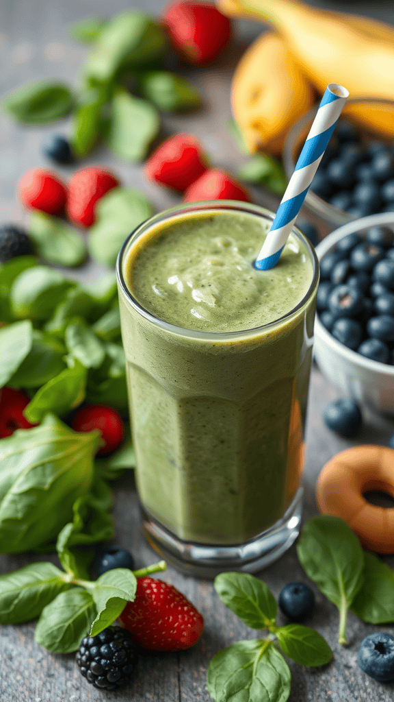 A green smoothie with spinach, berries, and a straw, surrounded by fresh fruits and greens.